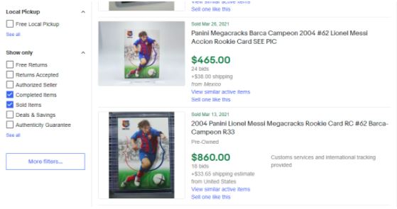 eBay finished auctions for Lionel Messi soccer cards