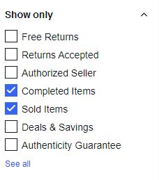 eBay sold items filter menu