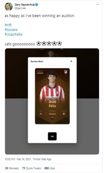 Screenshot of a Tweet from Gary Vaynerchuck about Joao Felix NFT