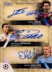 2022-23 Topps Chrome UEFA Club Competitions Triple Autographs Lionel Messi Cristiano Ronaldo Erling Haaland #TA-MRH