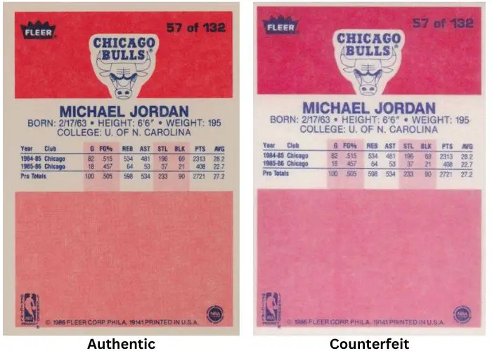 Authentic and fake back Michael Jordan Fleer rookie sports card