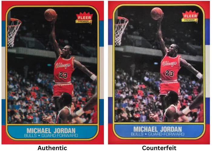 Authentic and fake Michael Jordan Fleer rookie sports card