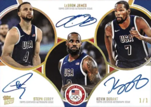 2024 Topps Now Olympic Games Triple Autograph Gold Curry, LeBron, Durant 1/1 #26